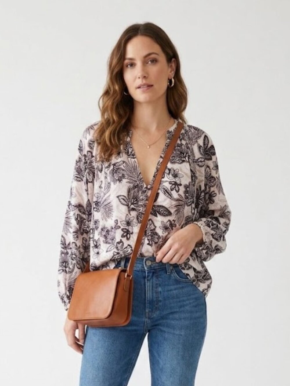EVEREVE Floral Print Rayon Blouse Large Boho Romantic Peasant Top